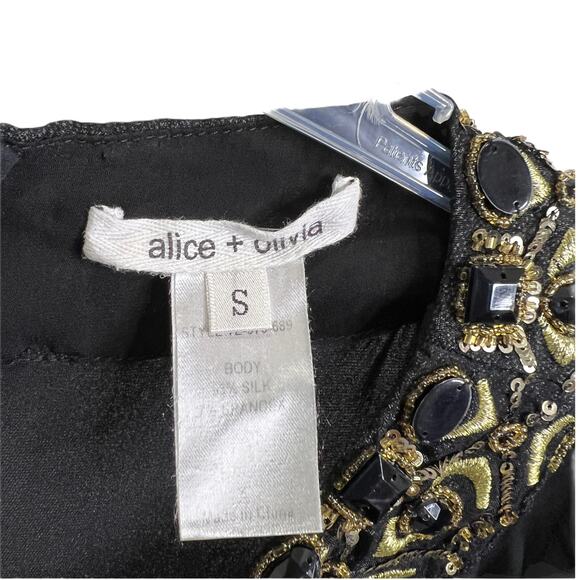 Alice + Olivia Women's A-Line Dress Black Silk W/ Gold Sequins Puff Sleeve Sz S - Picture 10 of 10